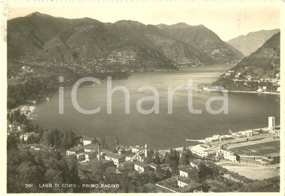Cartolina originale da collezione 1946 COMO Il primo bacino del Lago con lo stadio FG VG 1