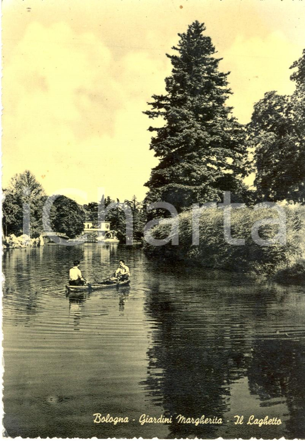 Cartolina originale da collezione 1954 BOLOGNA Ragazzi in barca nel laghetto dei GIARDINI MARGHERITA *FG VG 1