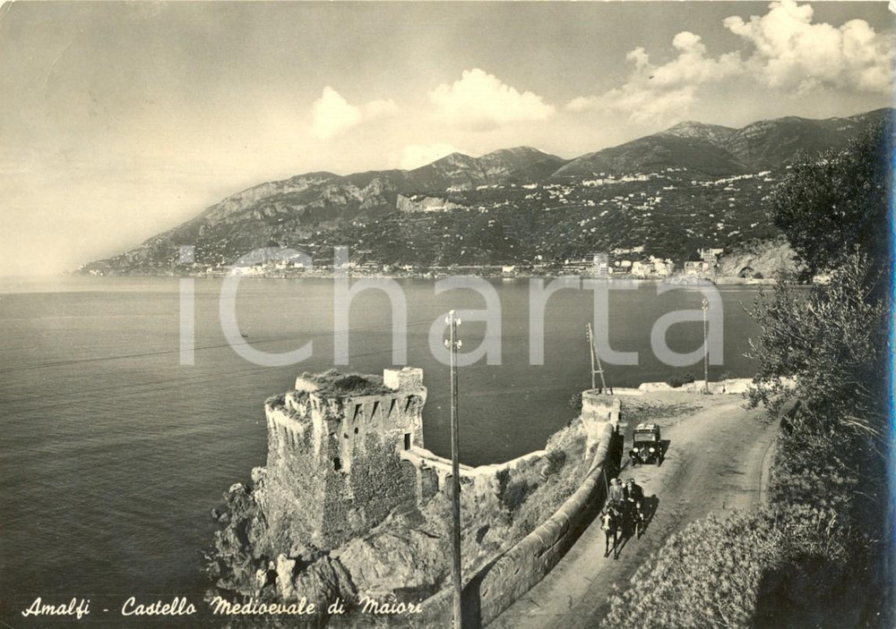 Cartolina originale da collezione 1948 AMALFI (SA) Veduta del Castello Medievale di MAIORI con calesse *FG VG 1