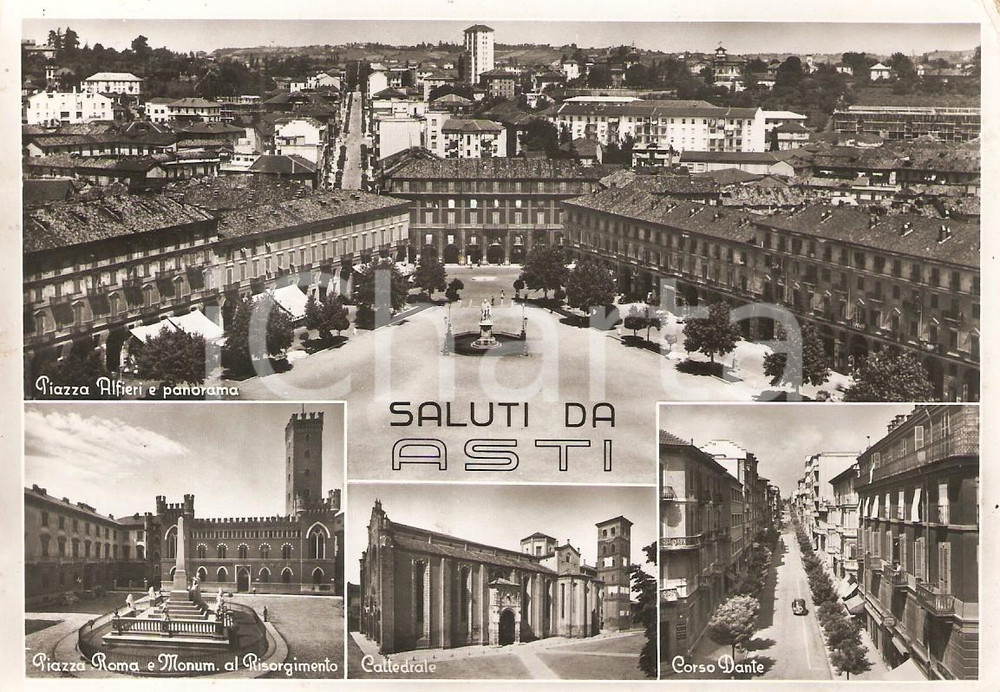 Cartolina originale da collezione 1955 ca ASTI Vedutine Piazza Alfieri CATTEDRALE Corso Dante *Cartolina FG NV 1