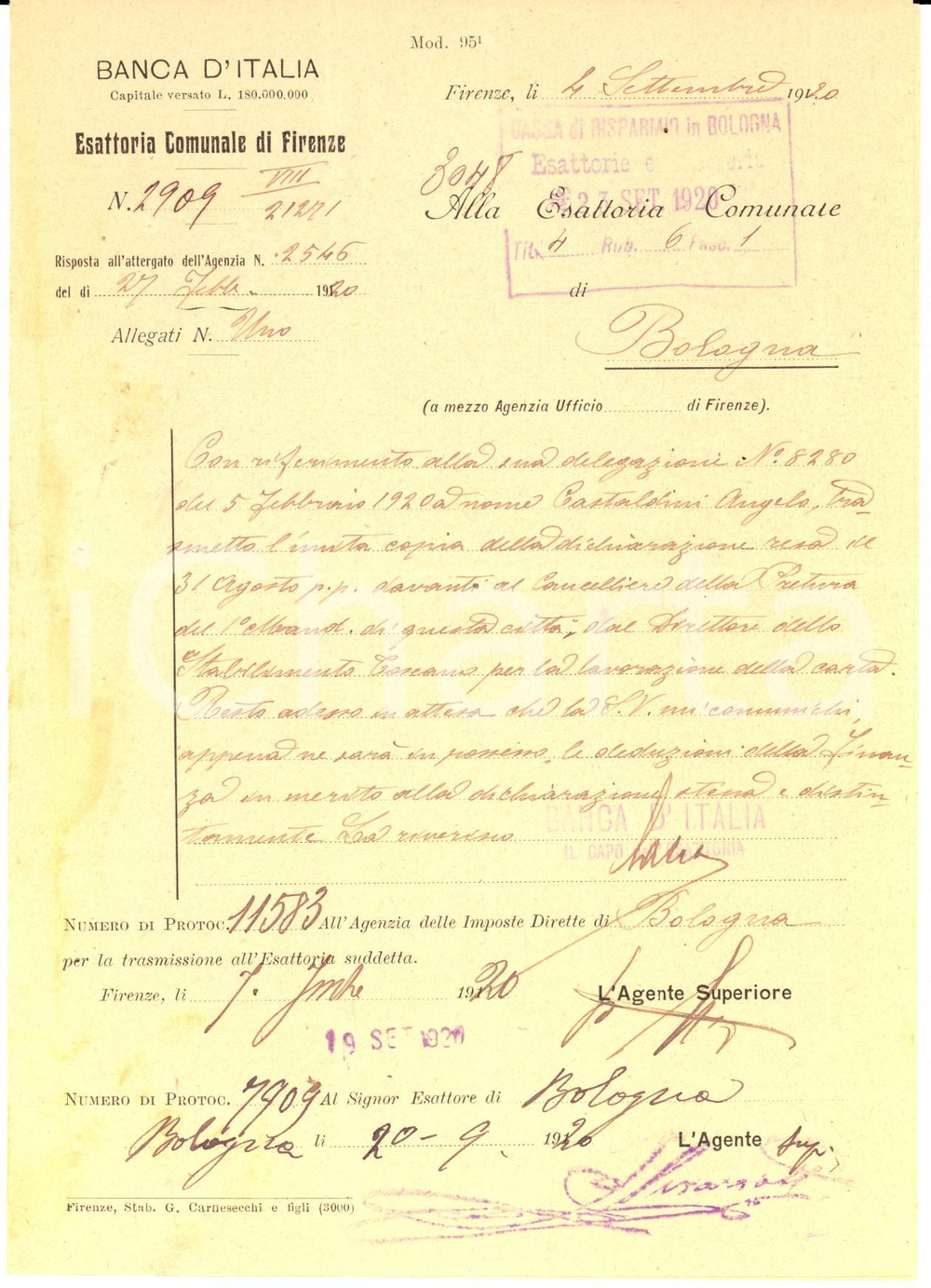 Documento originale, autentico 1920 BANCA D ITALIA FIRENZE Documento trasmissione per lavorazione carta 1