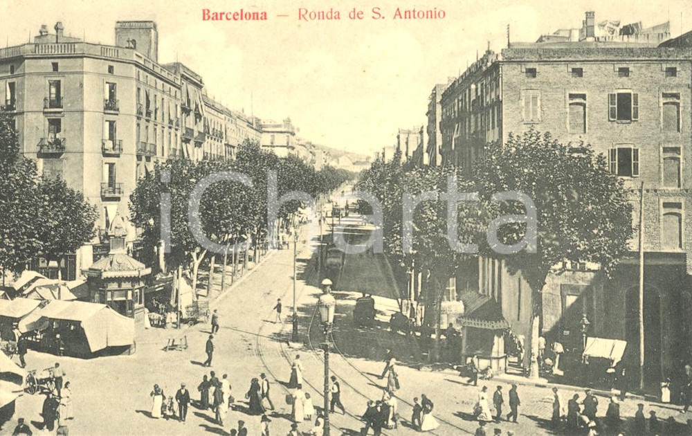 Cartolina originale da collezione 1925 ca BARCELONA E Ronda de Sant Antonio con carrozze Cartolina animata FP NV 1