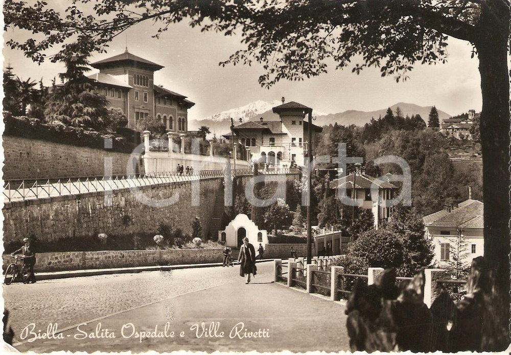 Cartolina originale da collezione 1952 BIELLA Salita Ospedale e VILLE RIVETTI Cartolina ANIMATA FG NV 1