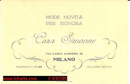 Oggetto da collezione cartaceo 1940 CASA DI MODA SIMONNE MILANO via Carlo Alberto 32 bigleitto da visita 1