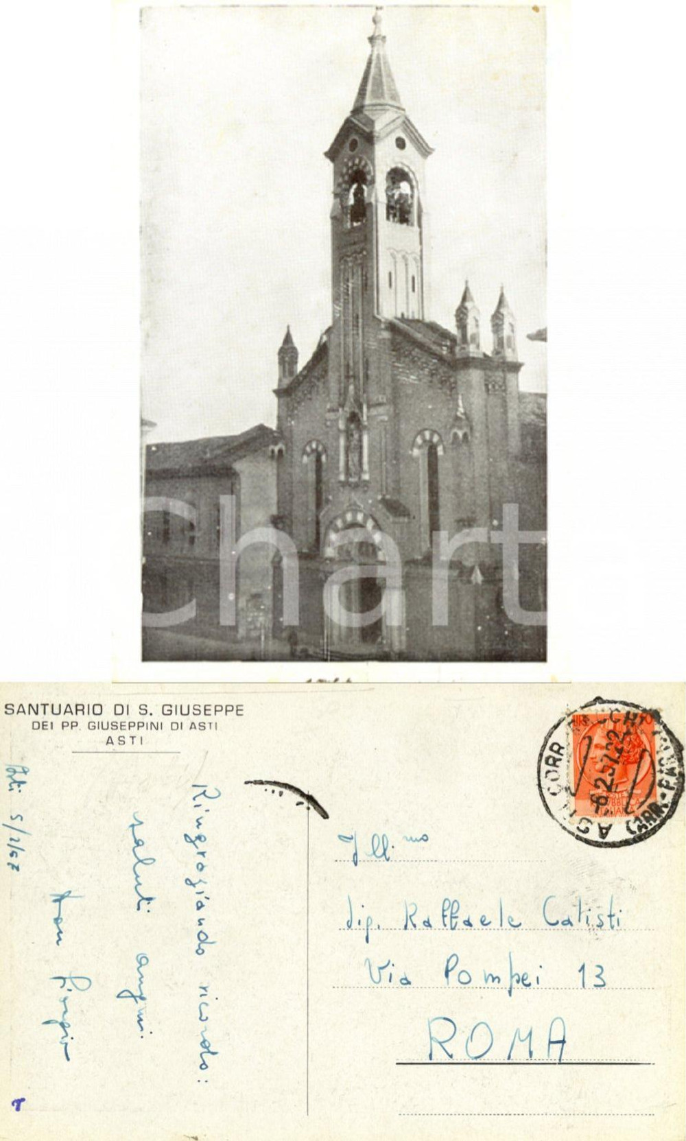 Cartolina originale da collezione 1957 ASTI Santuario SAN GIUSEPPE Cartolina don Giorgio PP. GIUSEPPINI FG VG 1