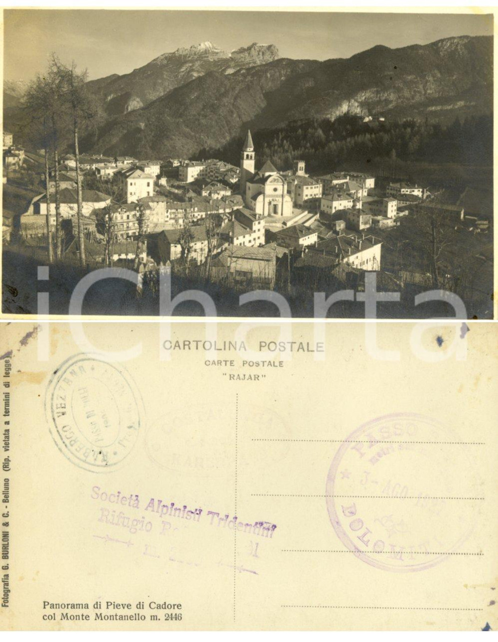 Cartolina originale da collezione 1927 PIEVE DI CADORE (BL) Veduta del paese con monte MONTANELLO *Cartolina FP NV 1