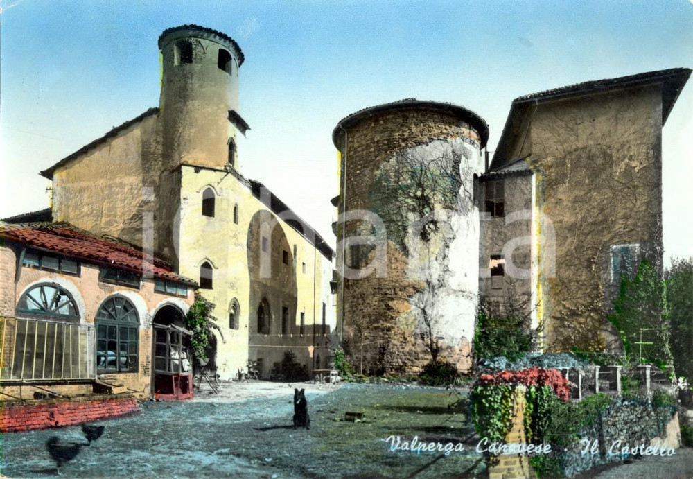 Cartolina originale da collezione 1968 VALPERGA CANAVESE (TO) Veduta del castello *Cartolina ANIMATA con cane VG 1