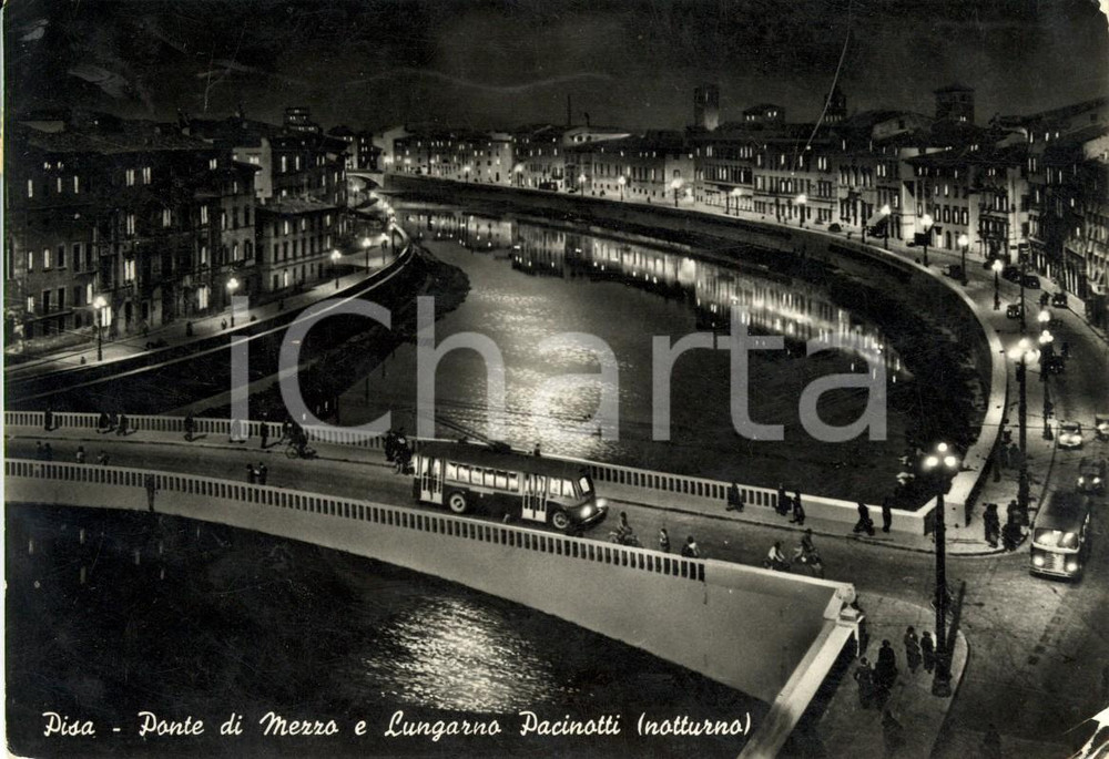 Cartolina originale da collezione 1954 PISA Ponte di MEZZO e LUNGARNO PACINOTTI *ANIMATA con filobus FG VG 1