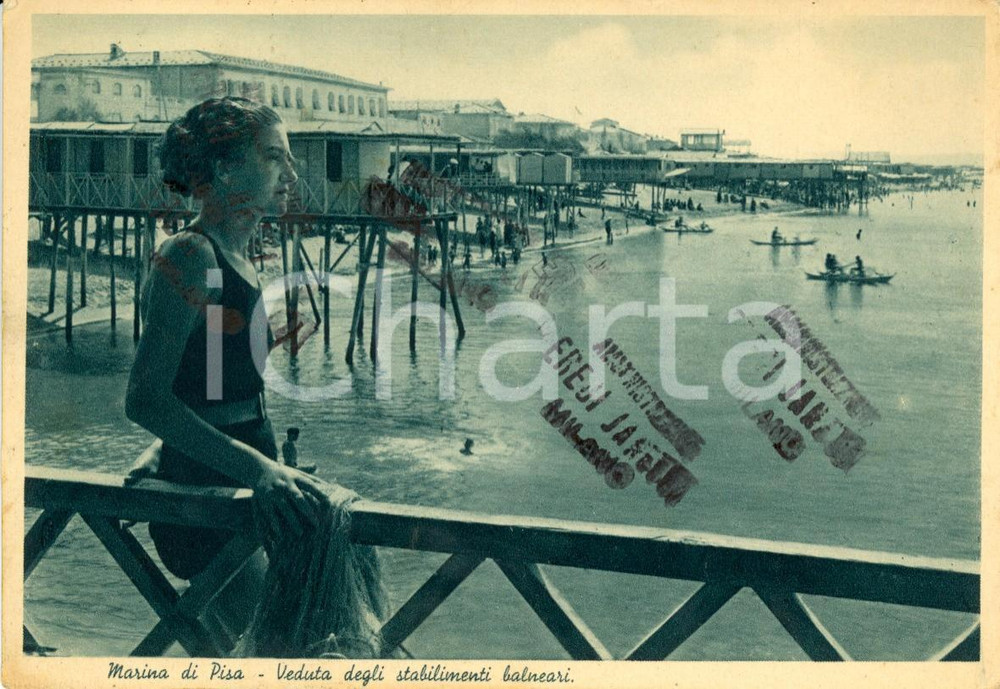 Cartolina originale da collezione 1939 MARINA DI PISA Bagnante davanti agli stabilimenti balneari *ANIMATA FG VG 1