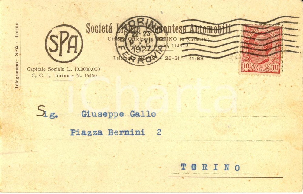 Cartolina originale da collezione 1927 TORINO SocietÃ  Ligure Piemontese Automobili *Cartolina INTESTATA FP VG 1
