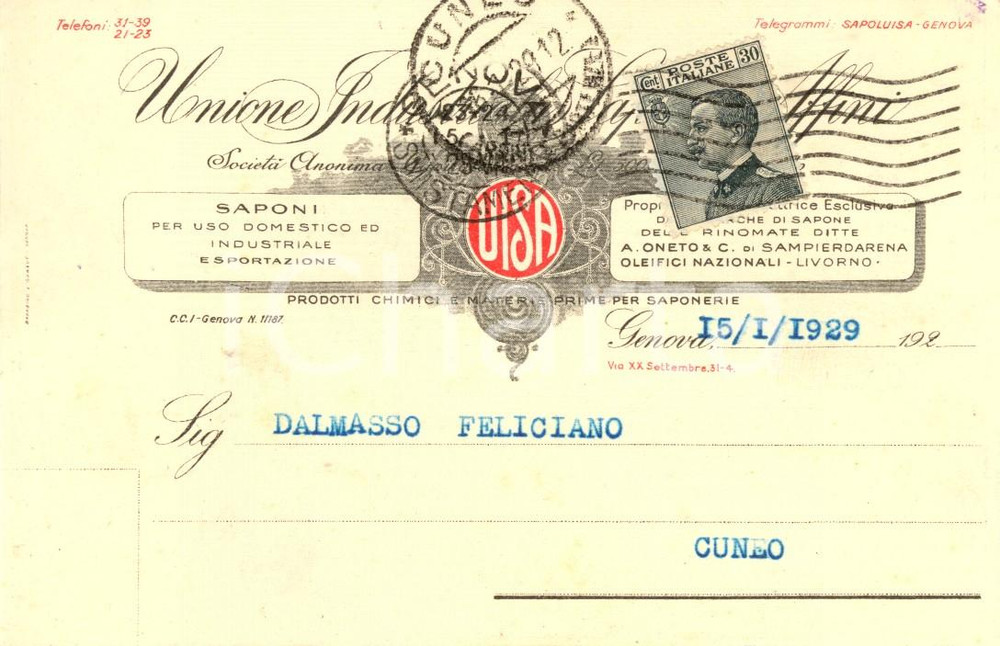 Cartolina originale da collezione 1929 GENOVA SocietÃ  UISA - Unione Industriali Saponi e Affini *INTESTATA FP VG 1
