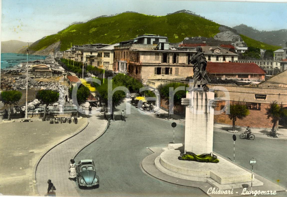 Cartolina originale da collezione 1961 CHIAVARI GE MAGGIOLINO VOLKSWAGEN sul Lungomare Cartolina ANIMATA FG VG 1