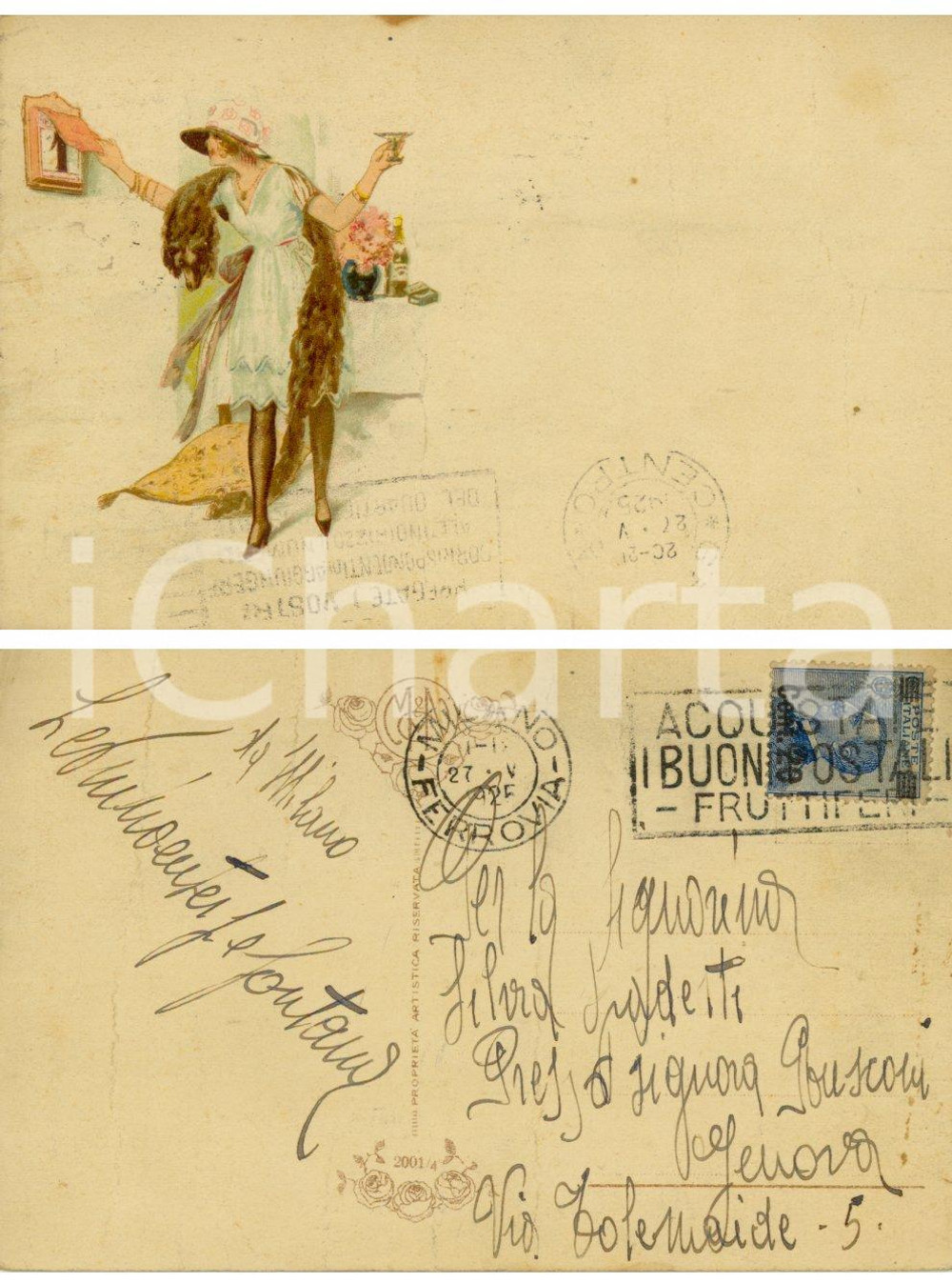 Autografo originale 1925 MILANO Giovane donna brinda al Capodanno *Leonino FONTANA FP VG 1