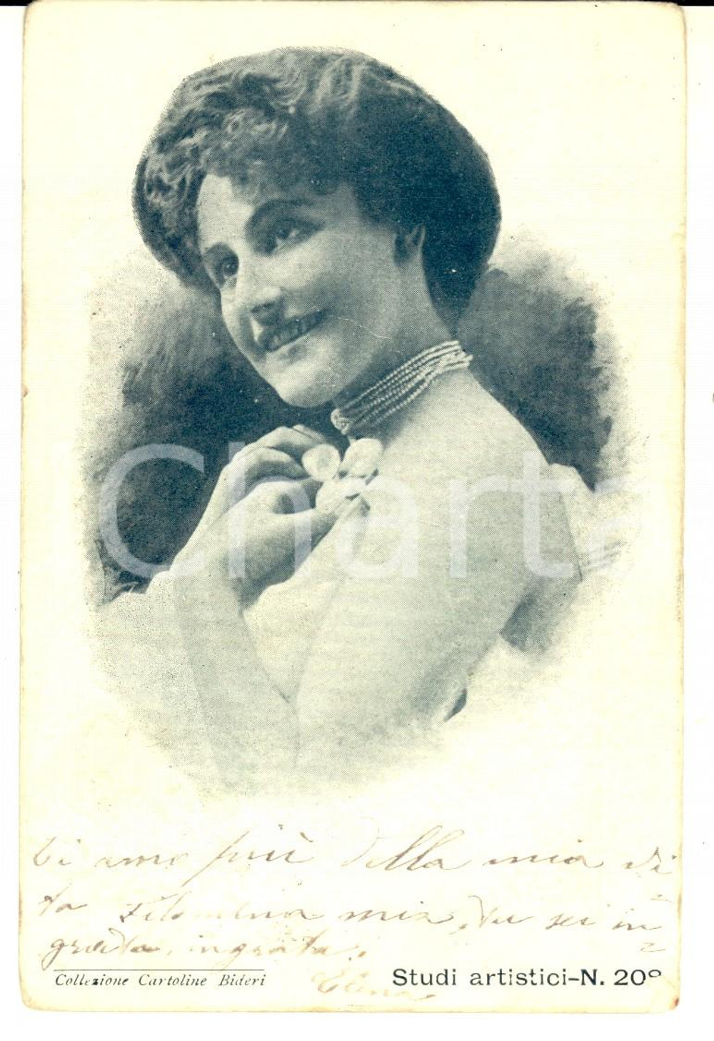 Cartolina originale da collezione 1903 TEATRO Attrice con fiore e collana di perle *Cartolina BIDERI nÂ° 208 1
