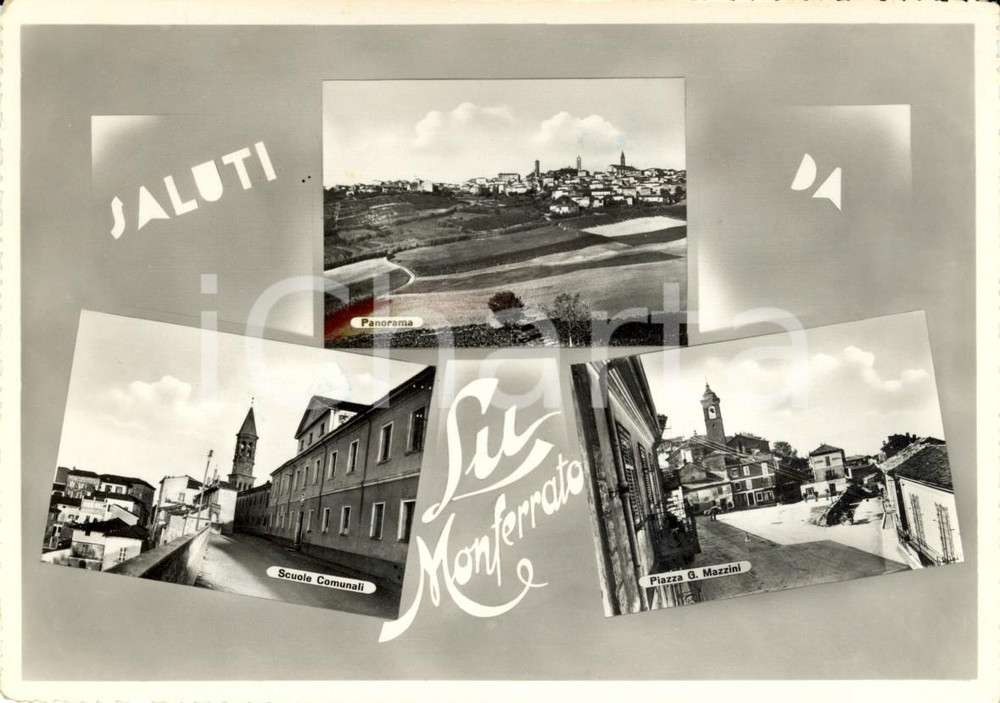 Cartolina originale da collezione 1953 LU MONFERRATO AL Vedutine scuole elementari e Piazza MAZZINI FG VG 1