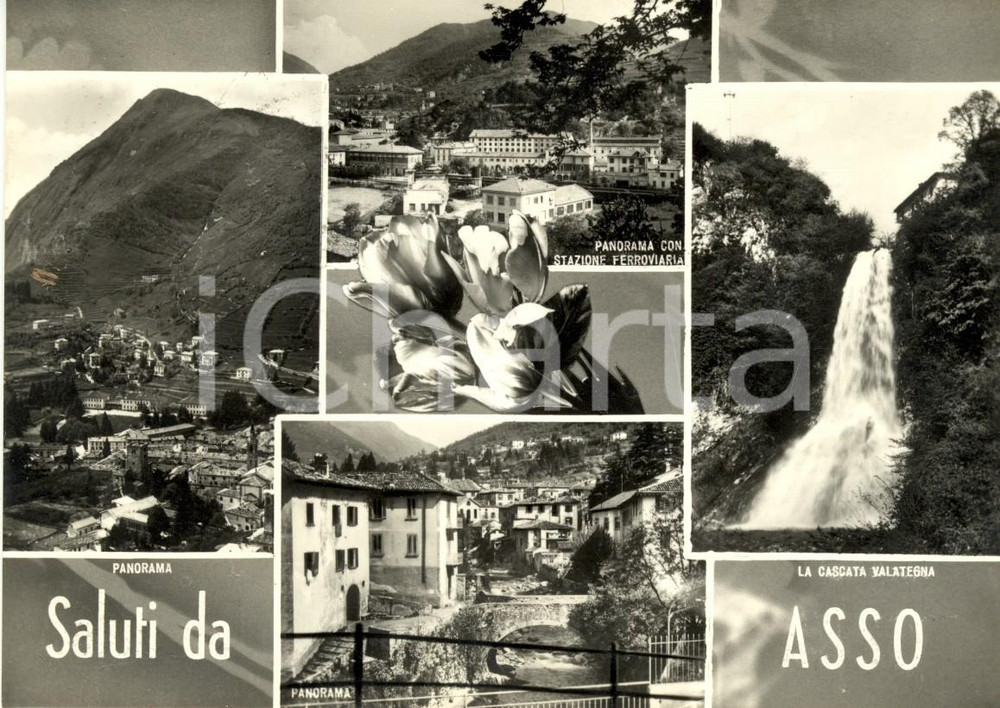 Cartolina originale da collezione 1957 ASSO CO Vedutine stazione ferroviaria e cascata VALATEGNA Cartolina FG 1