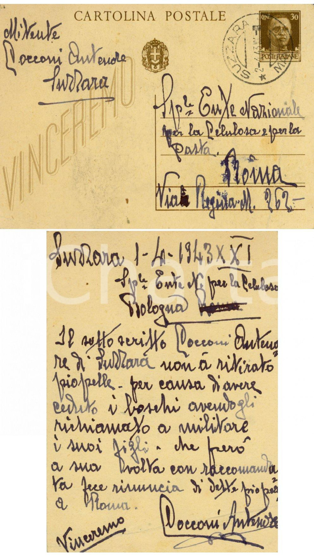 Autografo originale 1943 SUZZARA (MN) Antenore COCCONI cede i boschi causa figli militari *Cartolina 1