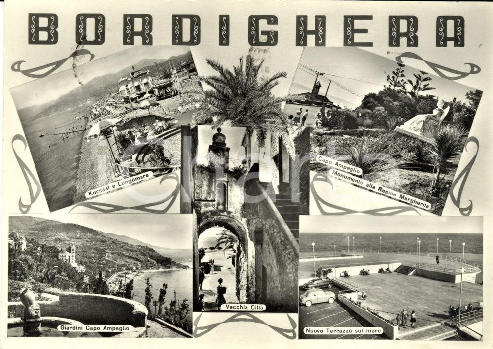 Cartolina originale da collezione 1958 BORDIGHERA IM Vedutine Capo AMPEGLIO e KURSAAL sul lungomare ANIMATA VG 1