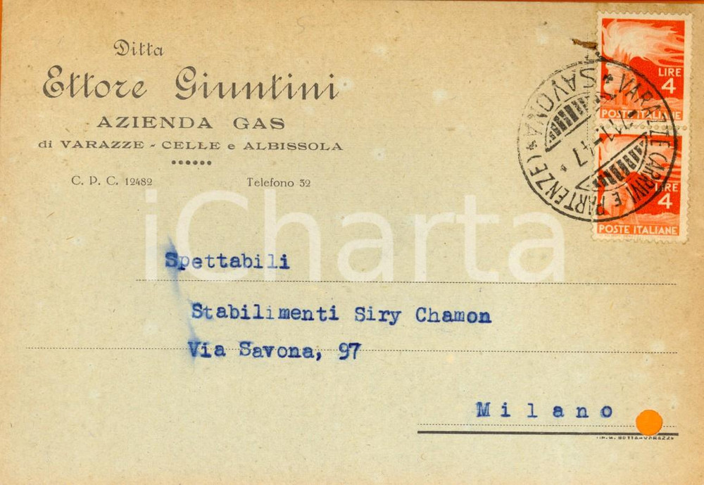 Cartolina originale da collezione 1947 VARAZZE SV Ditta ETTORE GIUNTINI  Azienda Gas Cartolina INTESTATA FG VG 1