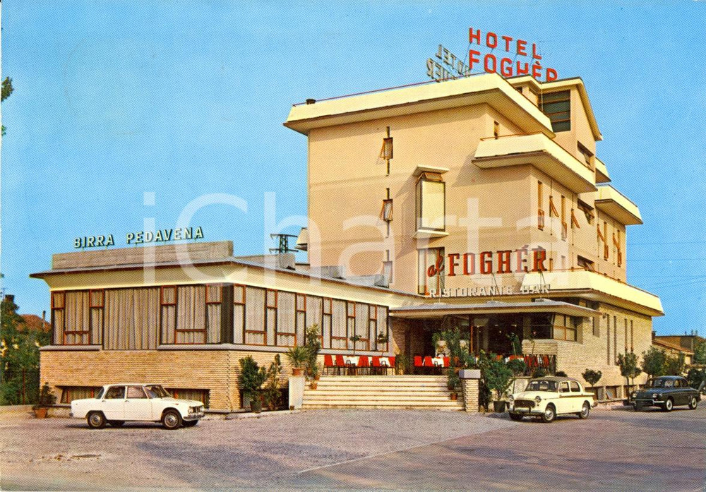 Cartolina originale da collezione 1969 TREVISO Hotel AL FOGHER  PubblicitÃ  Birra PEDAVENA ANIMATA con FIAT 1100 1