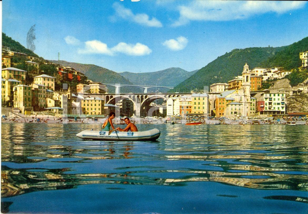 Cartolina originale da collezione 1968 SORI GE Panorama visto dal mare ANIMATA con gommone VINTAGE FG VG 1