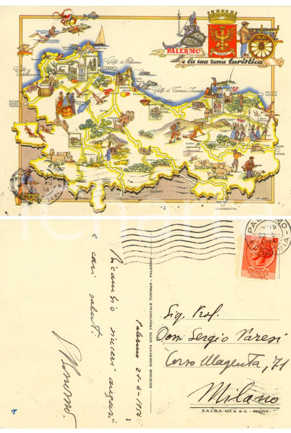 Autografo originale 1954 PALERMO Zona turistica *Autografo etnologo Giuseppe BONOMO FG VG 1