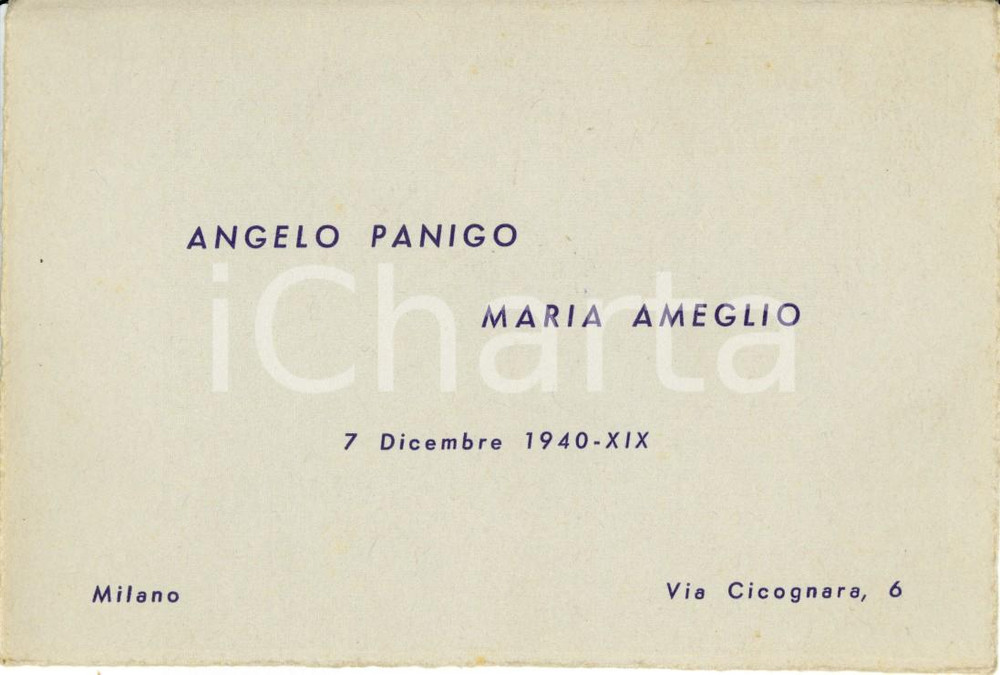 Oggetto da collezione cartaceo 1940 MILANO Matrimonio di Angelo PANIGO con Maria AMEGLIO Partecipazione FP 1