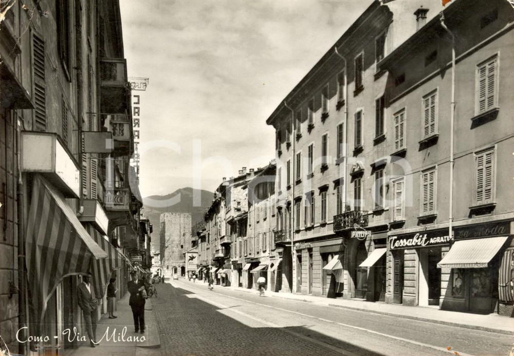 Cartolina originale da collezione 1960 COMO Via MILANO con negozio TESSABIT - Insegna PHILIPS *Animata DANNEGGIATA 1