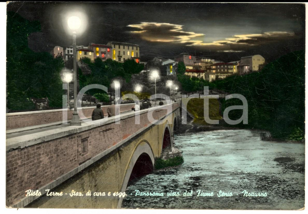 Cartolina originale da collezione 1966 RIOLO TERME (RA) Panorama notturno dal fiume SERIO *Cartolina animata FG VG 1