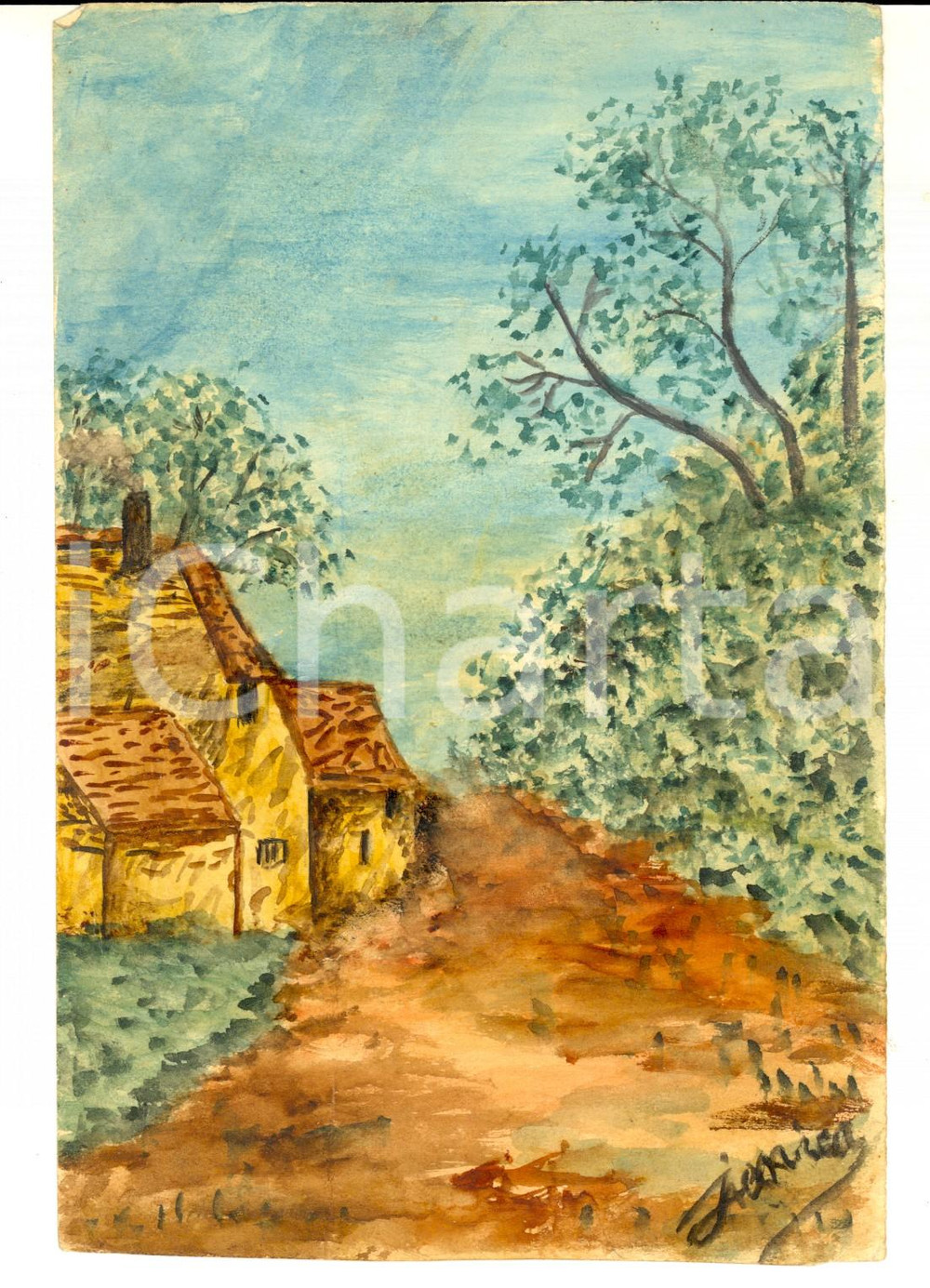 Stampa, bozzetto originale 1919 Veduta pittoresca di campagna Bozzetto FIRMATO JENICA dipinto a mano 1