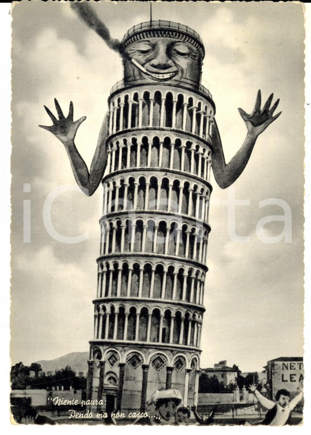 Cartolina originale da collezione 1956 PISA Torre pendente fuma sigaretta - Pendo ma non casco *Cartolina CURIOSA 1