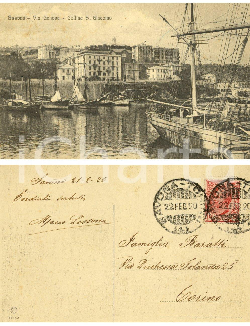 Autografo originale 1920 SAVONA Via Genova  Collina SAN GIACOMO Cartolina Marco LESSONA FP VG 1