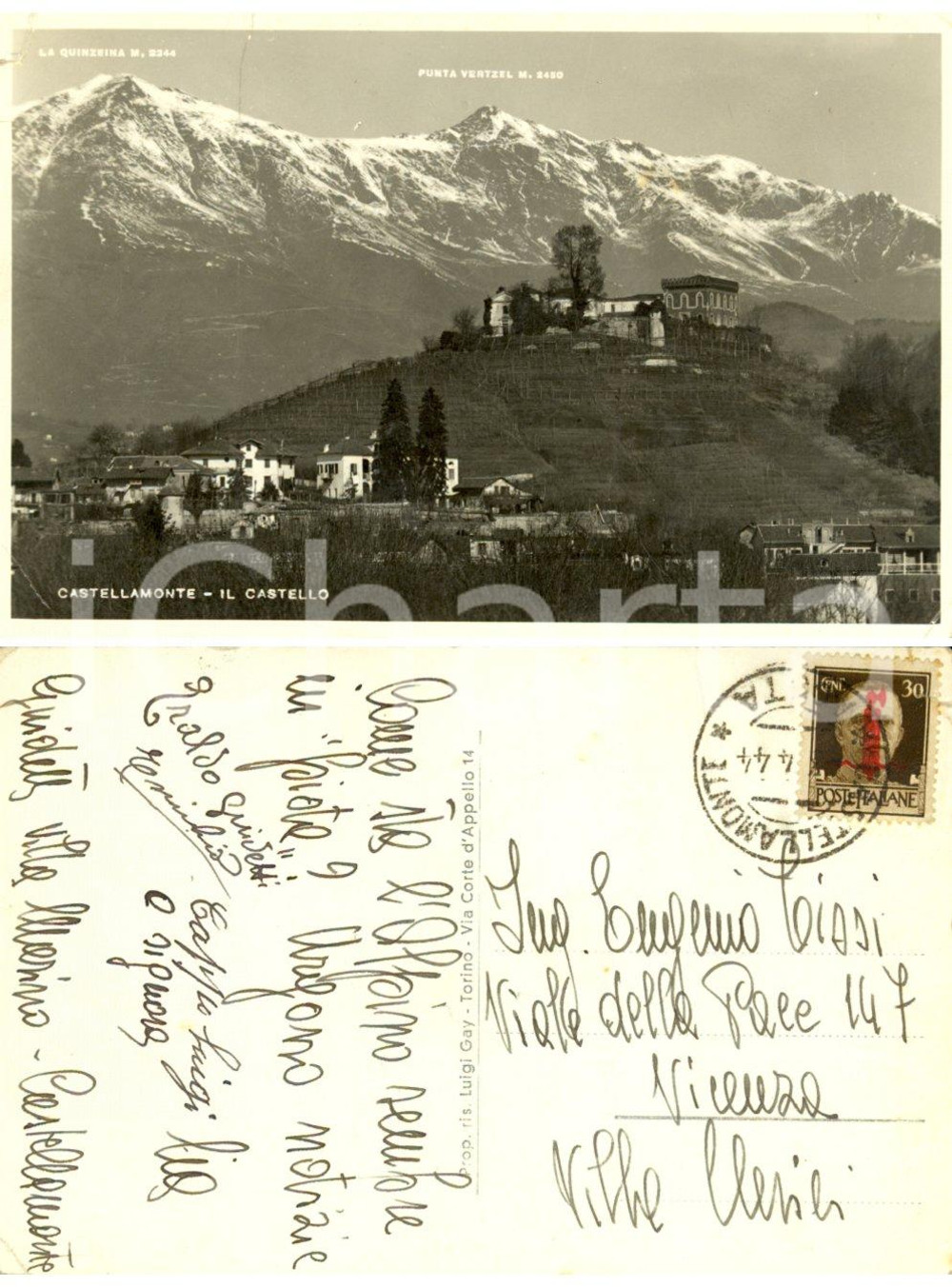 Cartolina originale da collezione 1944 CASTELLAMONTE (TO) Castello *Eraldo GUIDETTI all'ing. Eugenio TISSI 1