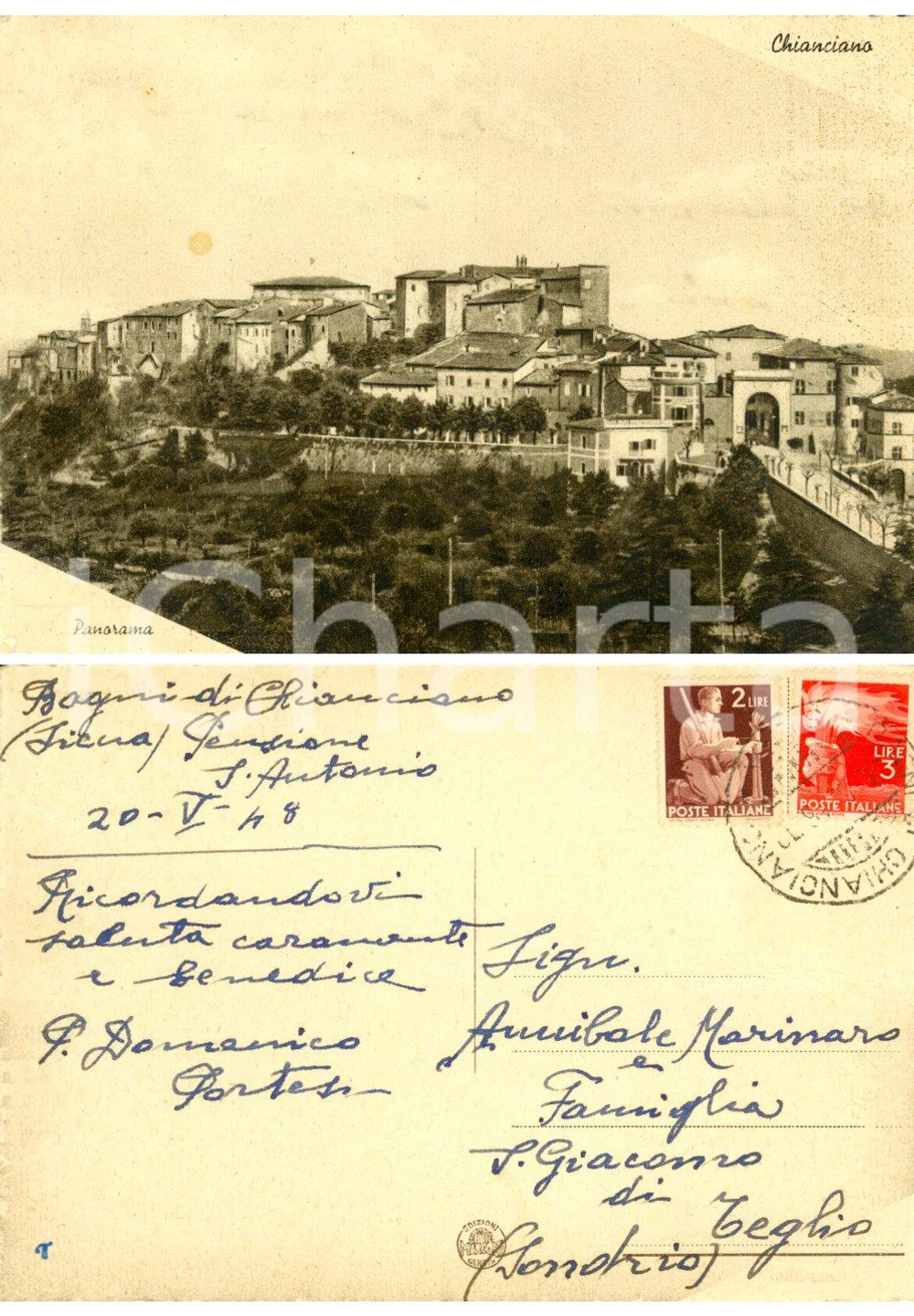 Autografo originale 1948 CHIANCIANO (SI) Panorama *Cartolina padre Domenico PORTESI FG VG 1