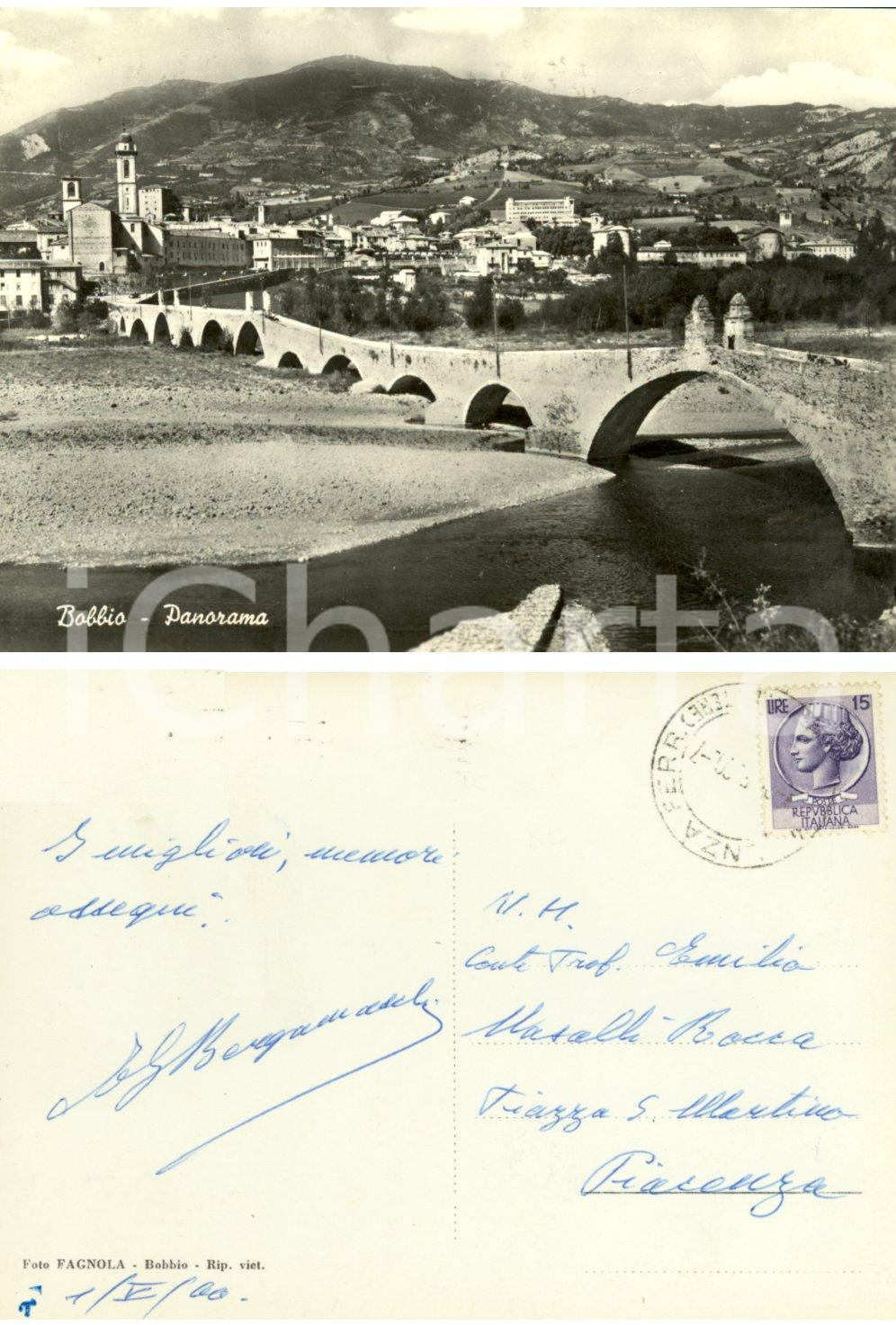 Cartolina originale da collezione 1960 BOBBIO (PC) Panorama *Cartolina BERGAMASCHI a Emilio NASALLI ROCCA FG VG 1