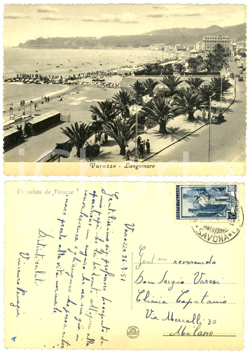 Autografo originale 1951 VARAZZE (SV) Lungomare *Cartolina Vincenzo PANAGIA a don Sergio VARESI 1