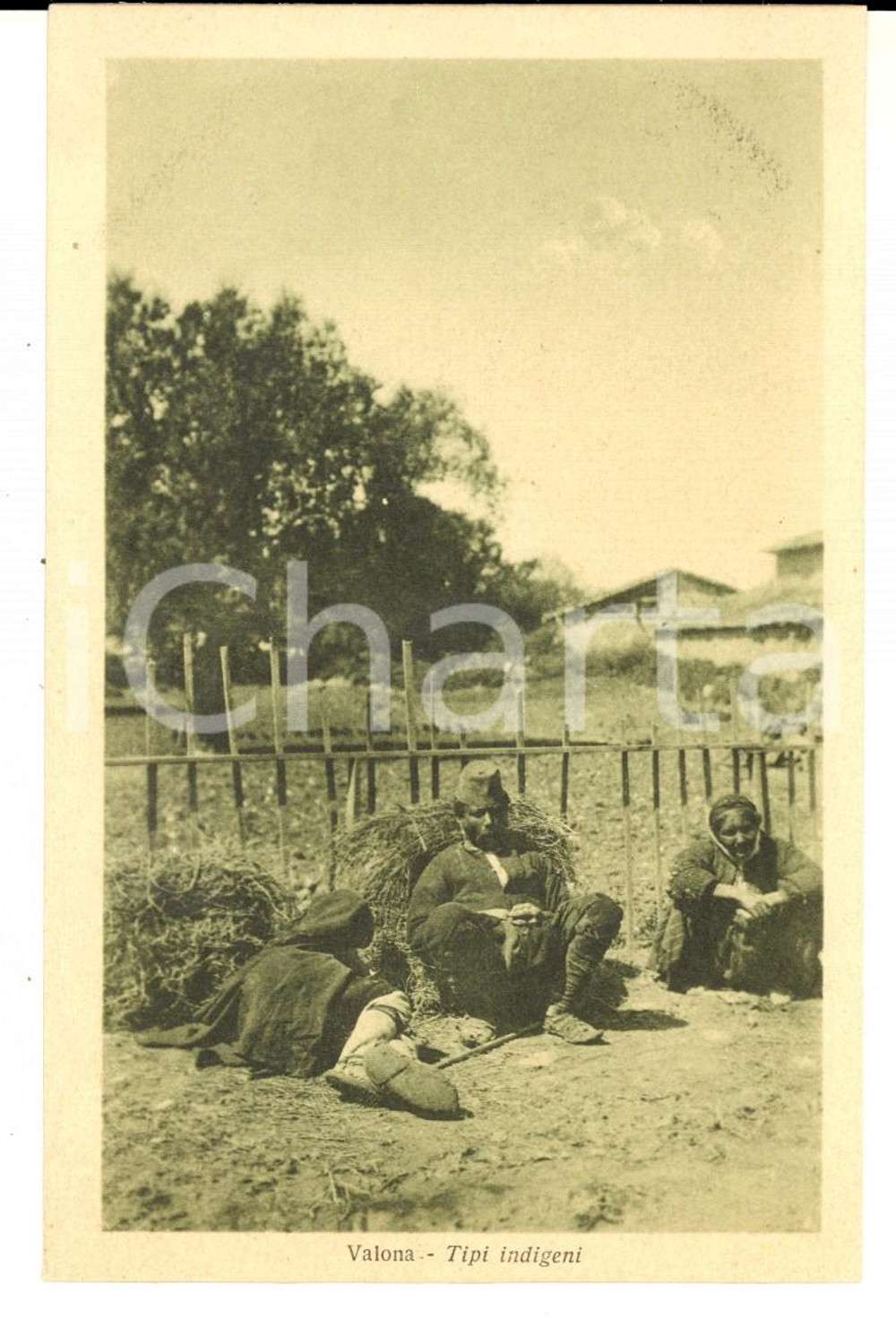 Cartolina originale da collezione 1930 ca COSTUMI VALONA (ALBANIA) Indigeni riposano tra le fascine *Cartolina 1