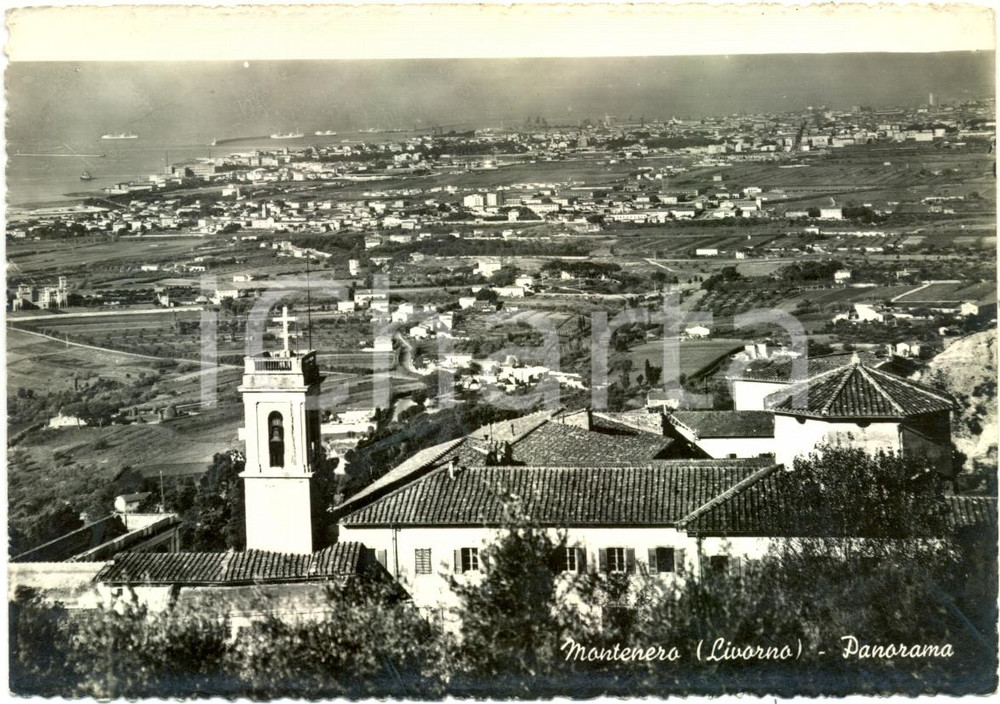Cartolina originale da collezione 1956 LIVORNO Panorama della frazione MONTENERO con SANTUARIO *Cartolina FG VG 1