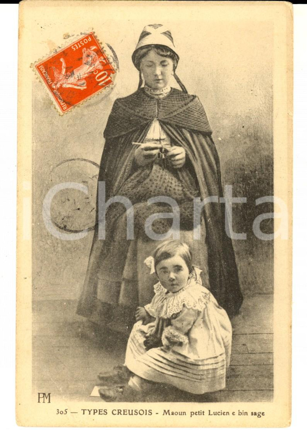 Cartolina originale da collezione 1910 ca COSTUMES TYPES CREUSOIS Maoun petit Lucien e bin sage *Carte postale 1