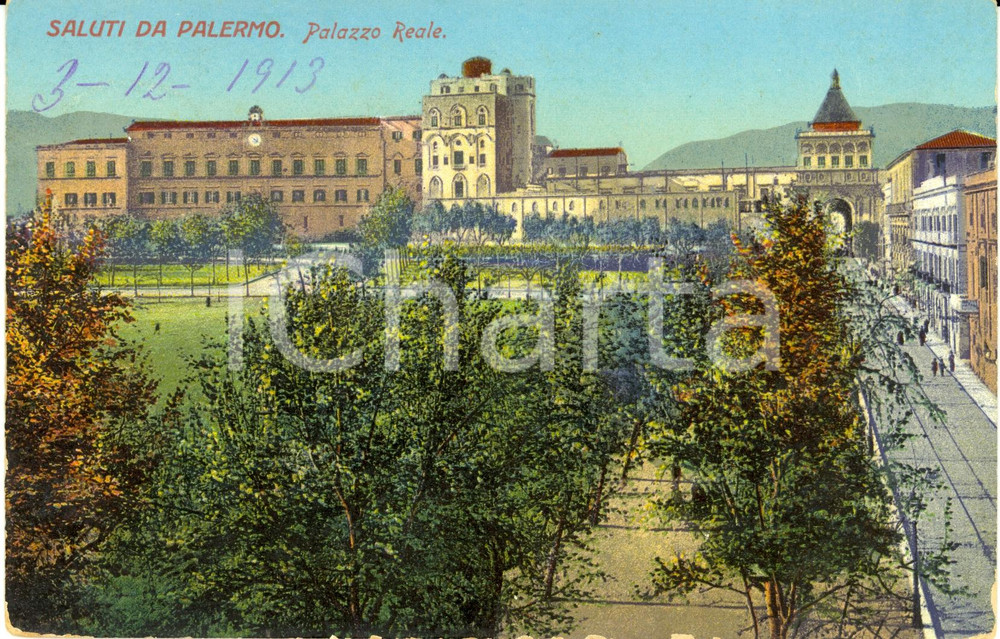 Cartolina originale da collezione 1913 PALERMO Veduta di PALAZZO REALE e dei giardini Cartolina postale FP VG 1