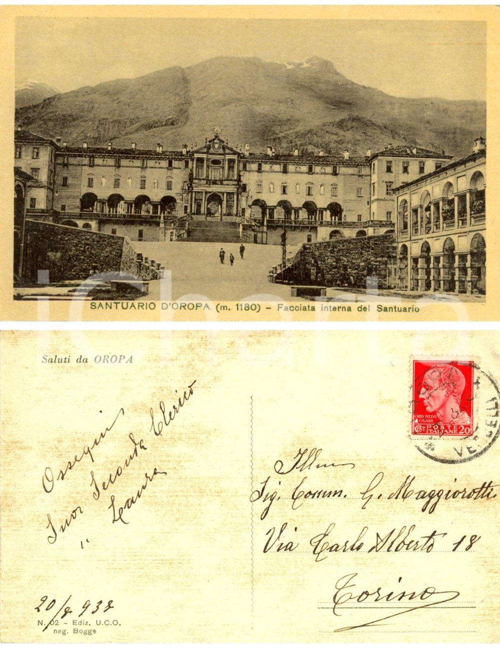 Cartolina originale da collezione 1937 OROPA (BI) Facciata del santuario *Cartolina suor Seconda CLERICO FP VG 1