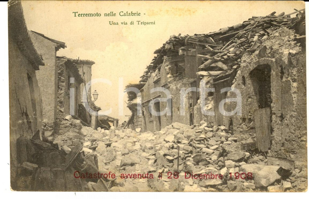Cartolina originale da collezione 1908 TERREMOTO CALABRIA TRIPARNI (VV) Strada coperta dalle macerie *Cartolina 1