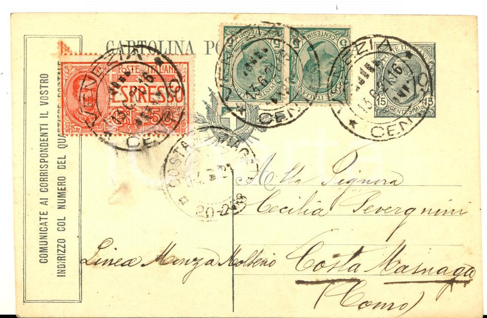 Cartolina originale da collezione 1921 VENEZIA Cartolina a Cecilia SEVERGNINI *Espresso c. 50 + striscia 5 c. 1