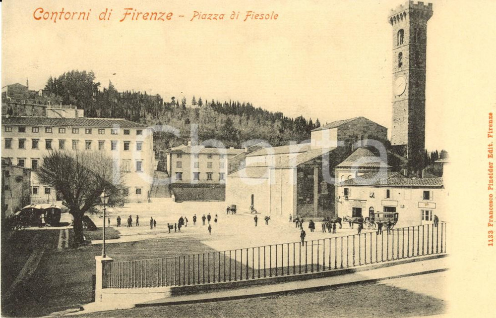 Cartolina originale da collezione 1900 ca FIESOLE (FI) Piazza Mino da FIESOLE con cattedrale *Cartolina ANIMATA NV 1
