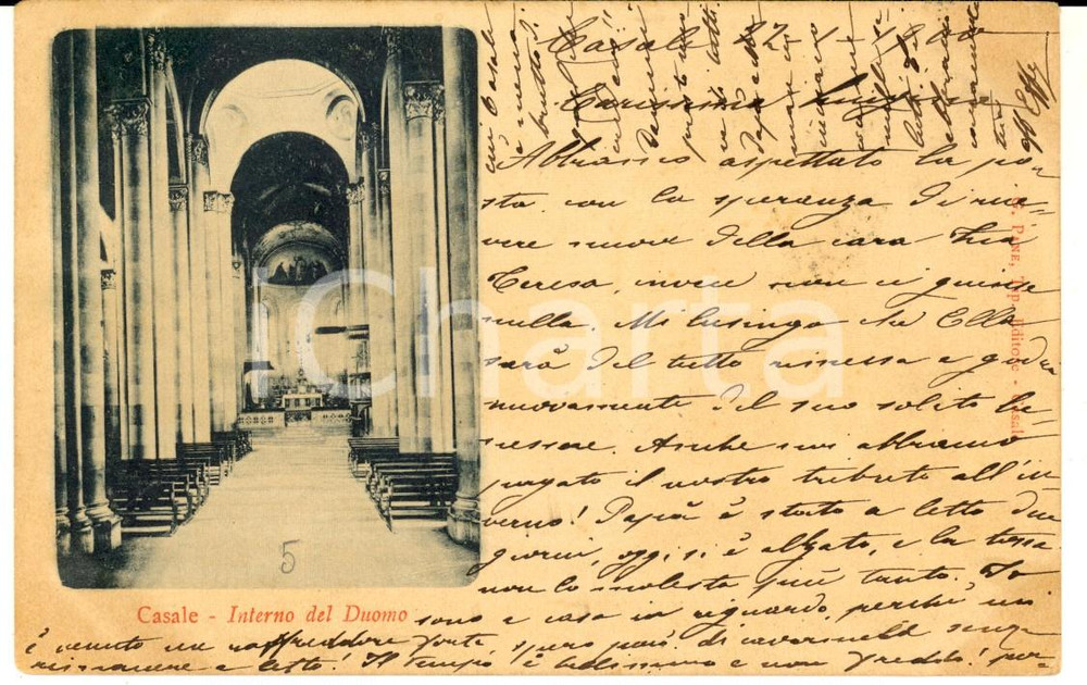 Autografo originale 1900 CASALE MONFERRATO Interno del Duomo Cartolina a nobile Luisa SERRA 1