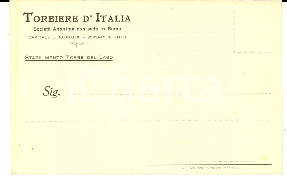1910 ca TORRE DEL LAGO (LU) Società TORBIERE D'ITALIA *Cartolina INTESTATA FP NV