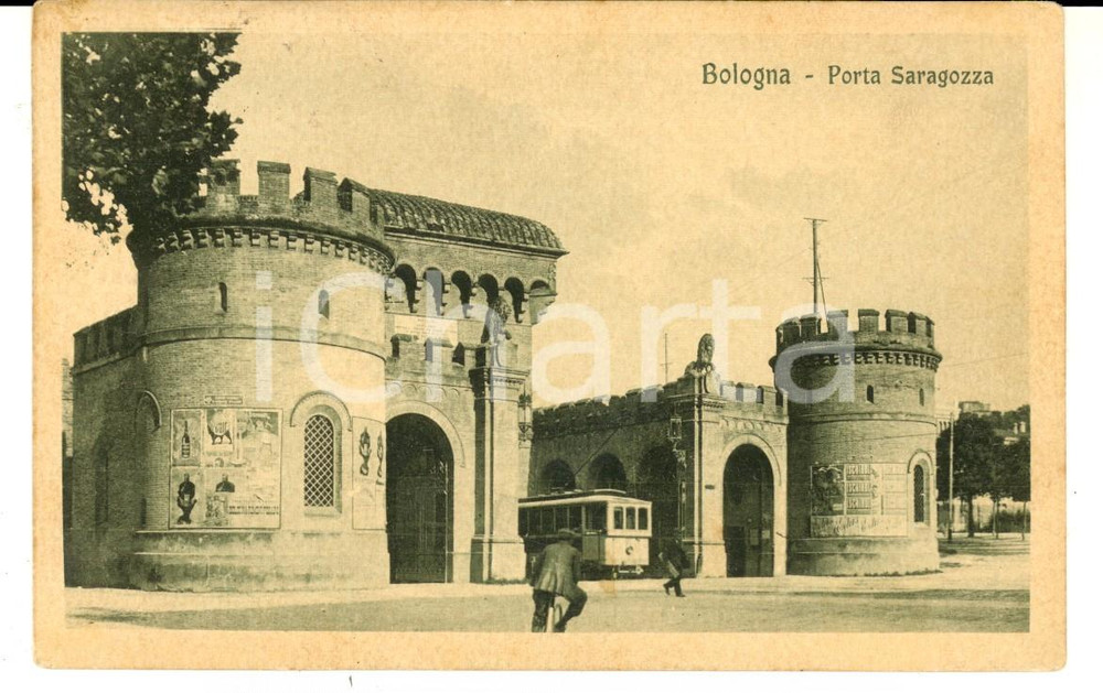 Cartolina originale da collezione 1928 BOLOGNA Porta SARAGOZZA Cartolina ANIMATA con tram FP VG 1