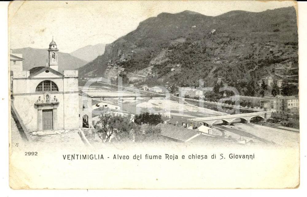 Cartolina originale da collezione 1909 VENTIMIGLIA (IM) Alveo fiume ROJA e chiesa SAN GIOVANNI *Cartolina FP VG 1