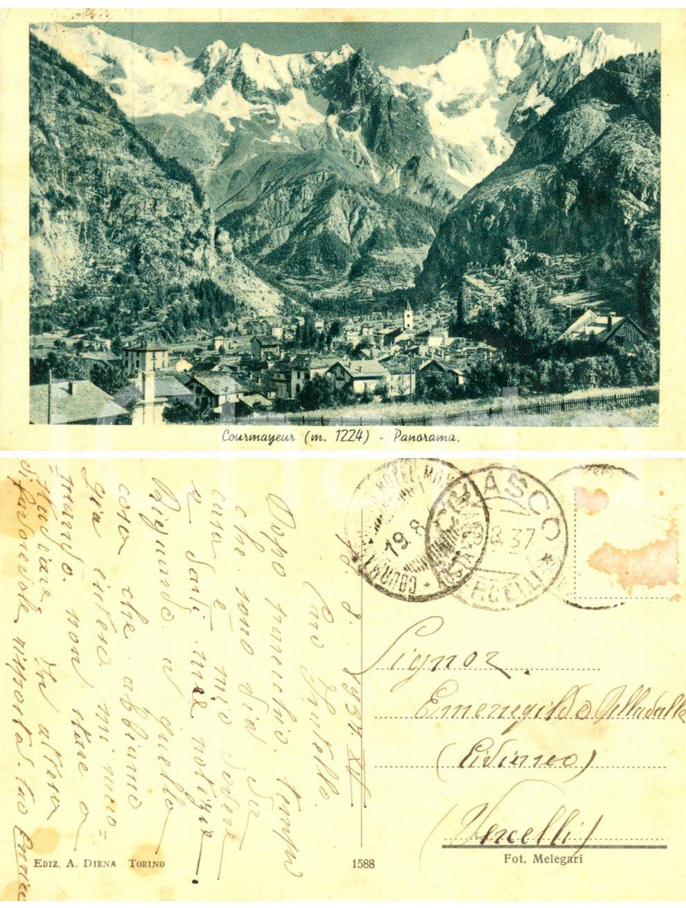 Cartolina originale da collezione 1937 COURMAYEUR AO Panorama Cartolina a Ermenegildo DELLA VALLE dal fratello 1