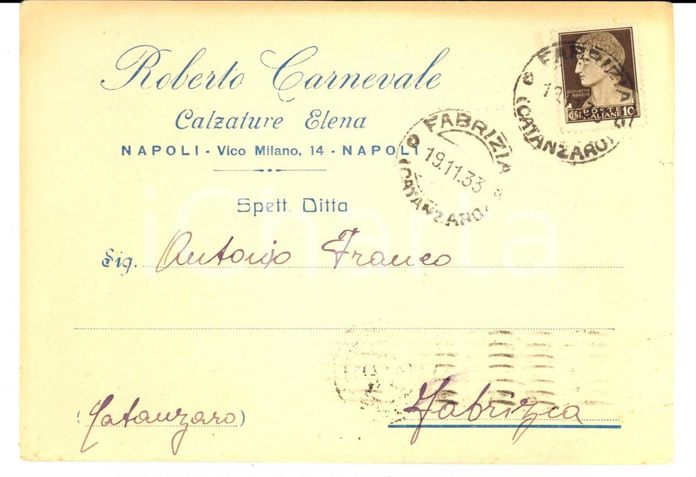 Cartolina originale da collezione 1933 NAPOLI Roberto CARNEVALE Calzature ELENA Cartolina intestata FG VG 1